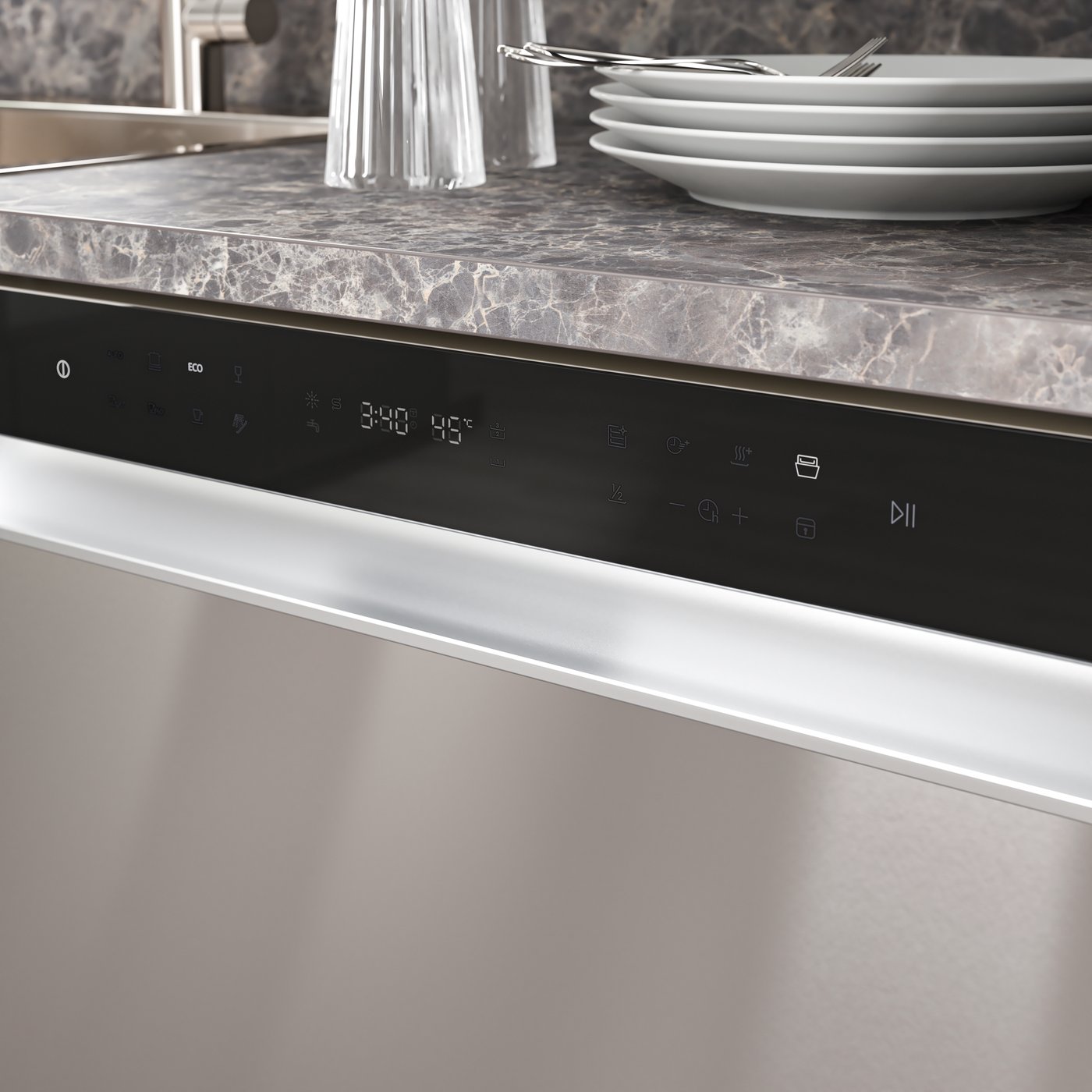 An IKEA 500 stainless steel-coloured SÖDERBODA built-in dishwasher