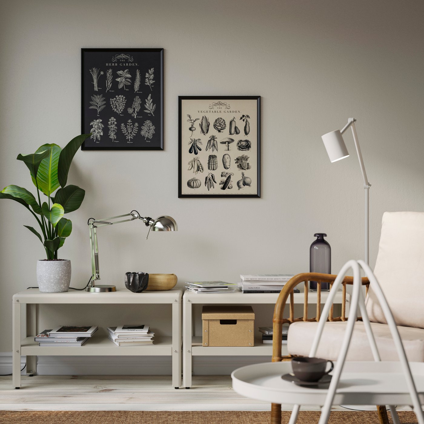 A beige outdoor/indoor KOLBJÖRN shelving unit in the living room