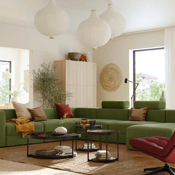 A with chaise longue, right with headrests/Samsala dark yellow-green JÄTTEBO u-shaped sofa, 7-seat