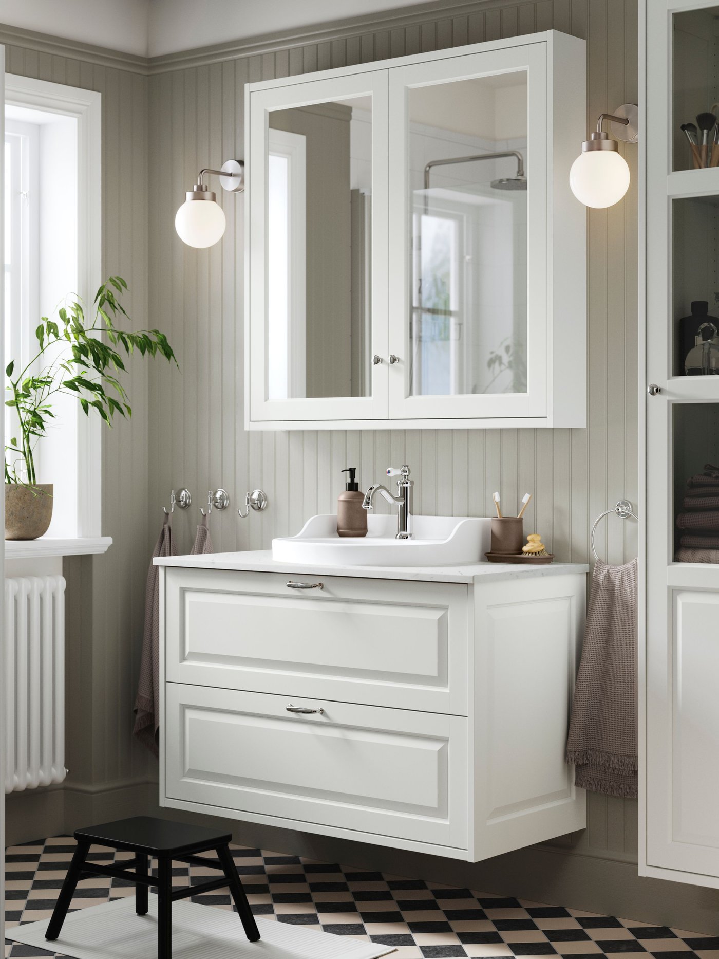 A white/white marble effect RUTSJÖN wash-stnd w drawers/wash-basin/tap