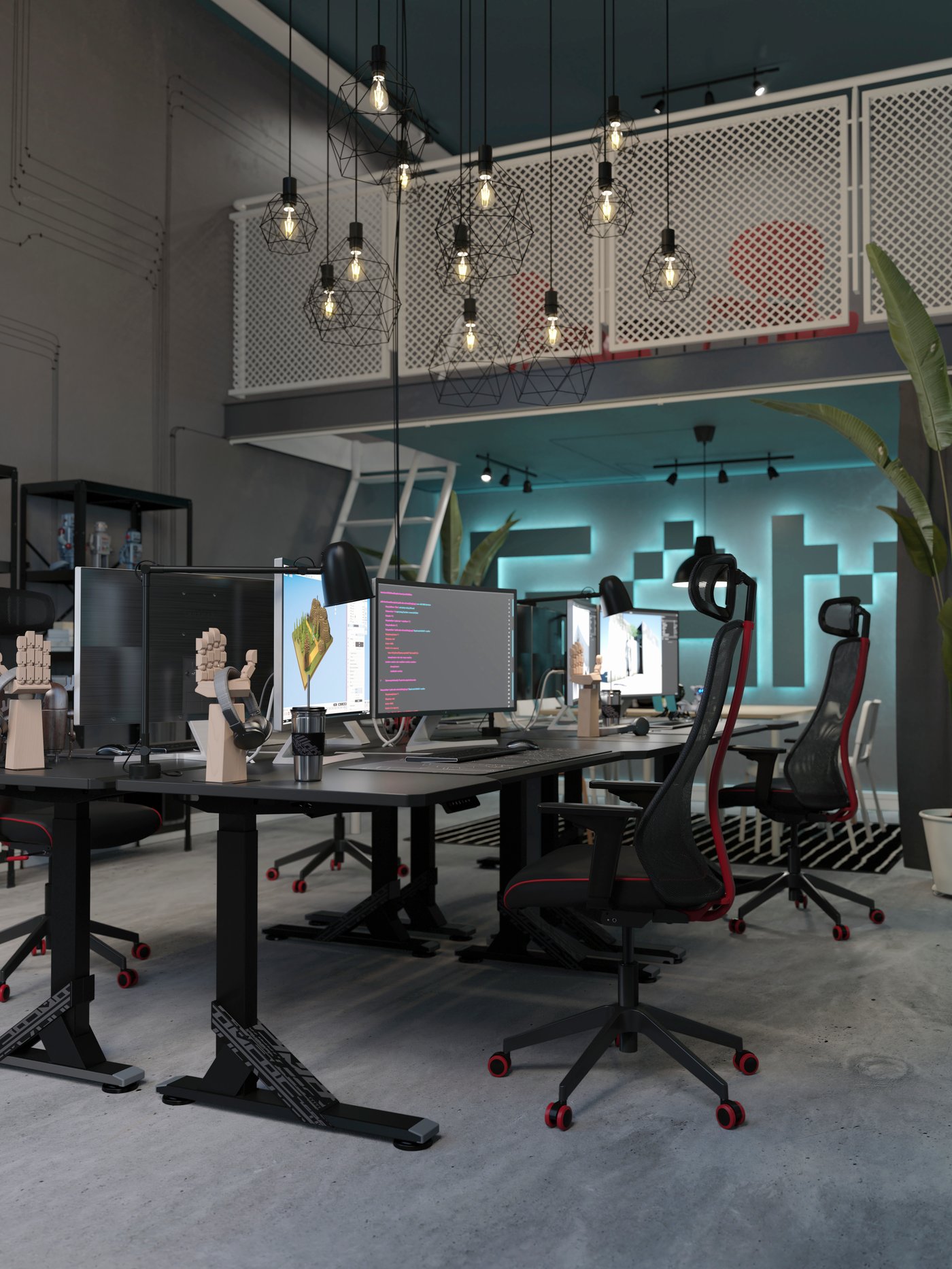 A high-ceilinged space with a mezzanine balcony over a collective workspace formed by UPPSPEL desks and MATCHSPEL chairs.