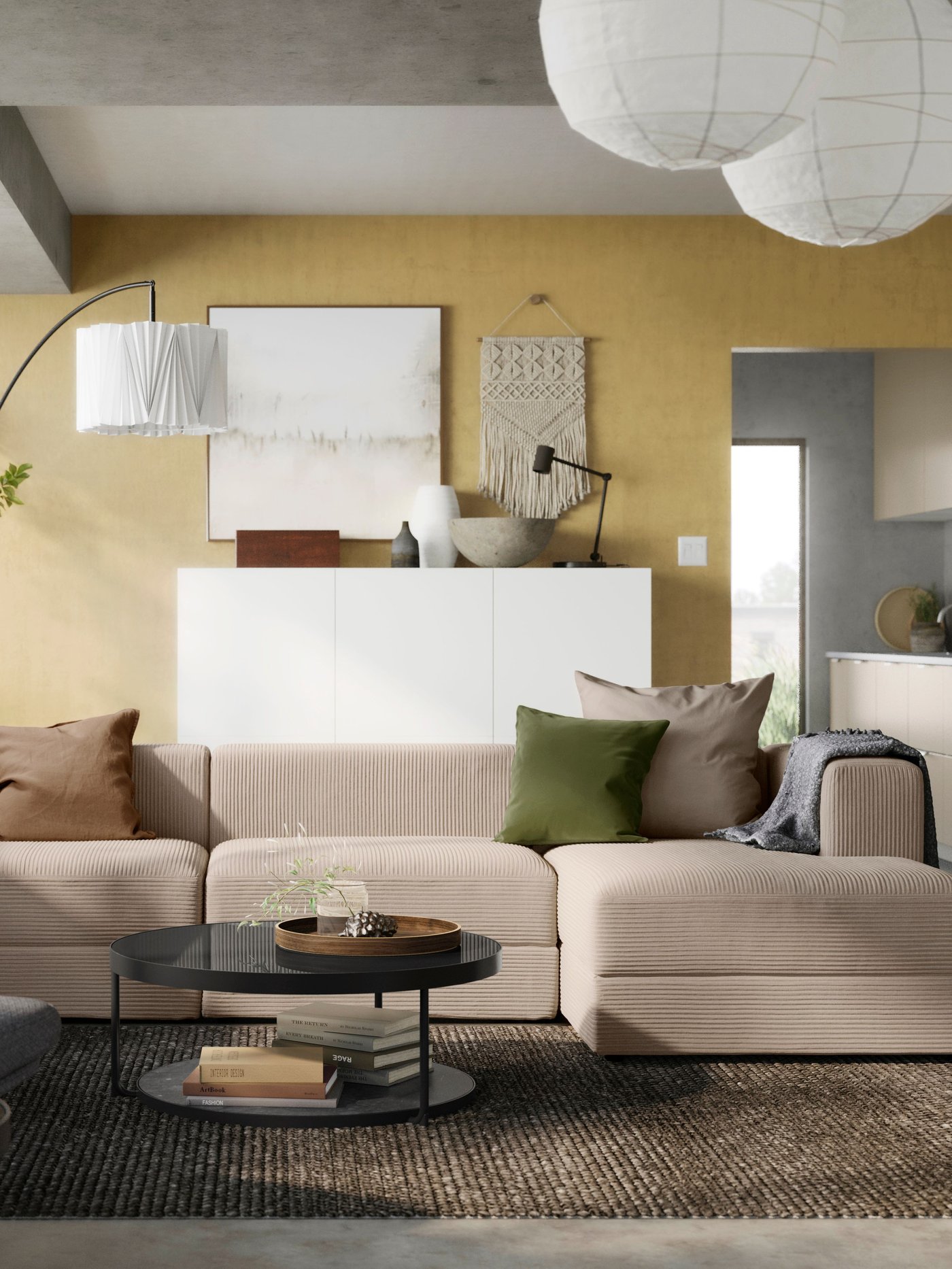 A right/Samsala grey-beige JÄTTEBO 4-seat mod sofa with chaise longue in the living room