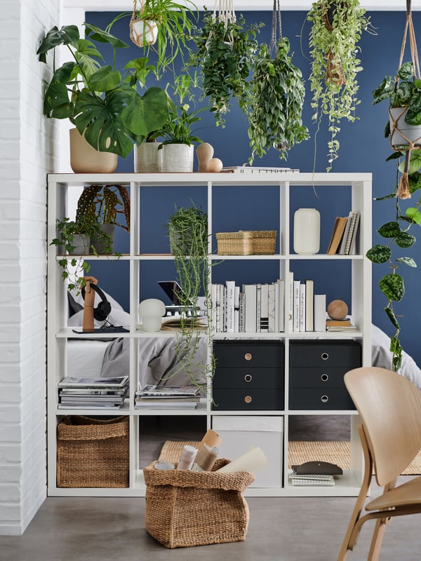 Un estante KALLAX puesto en una habitación como deparador de ambientes. En sus repisas hay adornos y en la parte superior plantas.