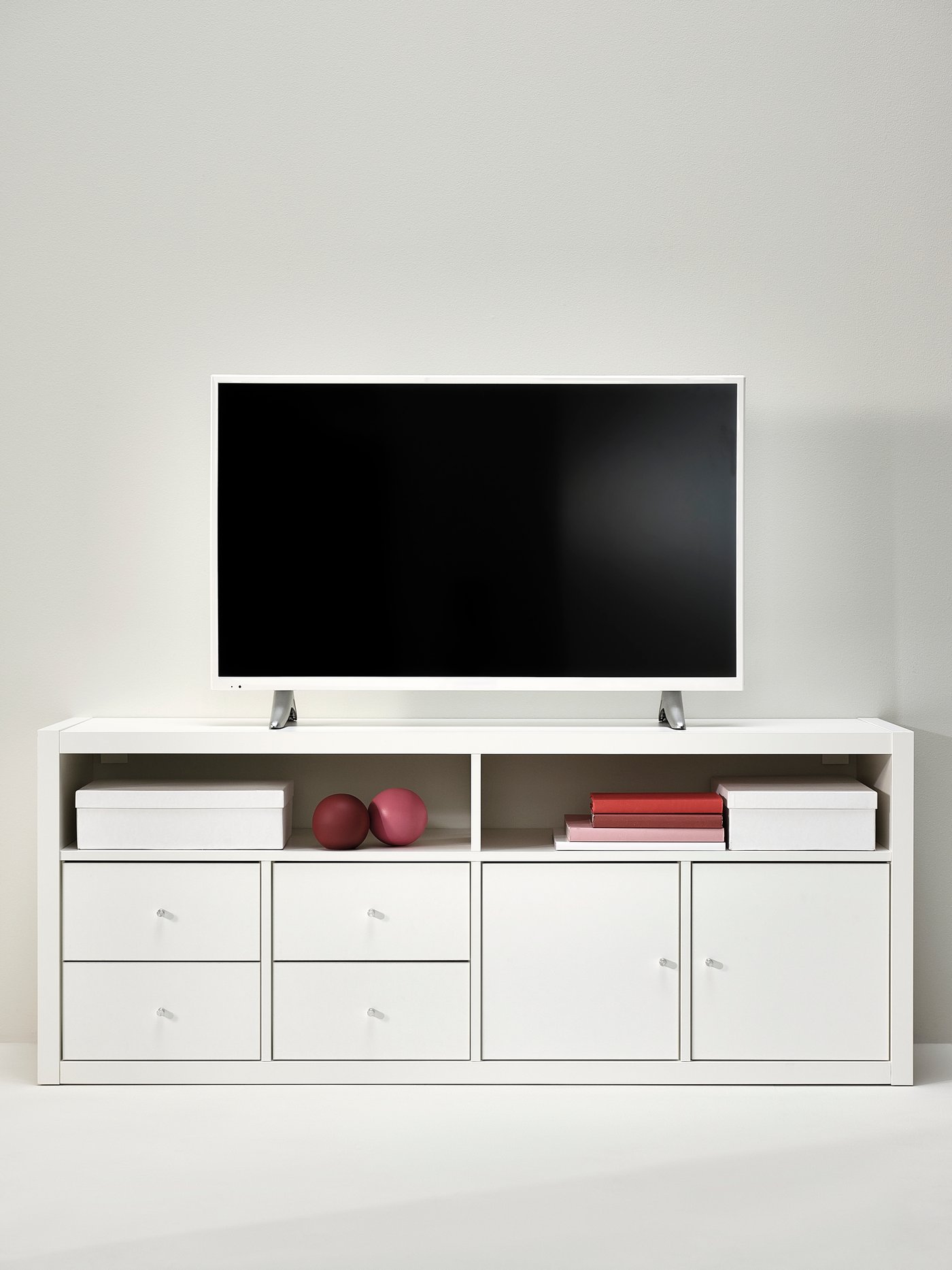 A white KALLAX TV bench
