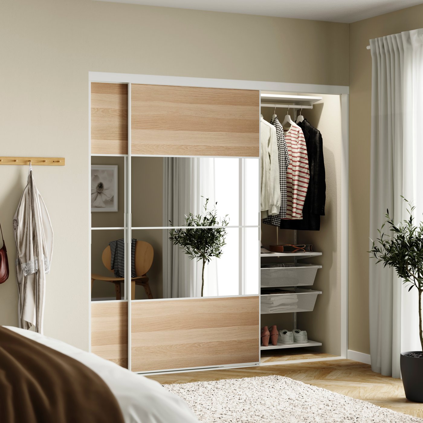 A white Mehamn/Auli/white stained oak effect mirror glass BOAXEL reach-in wardrobe with sliding door