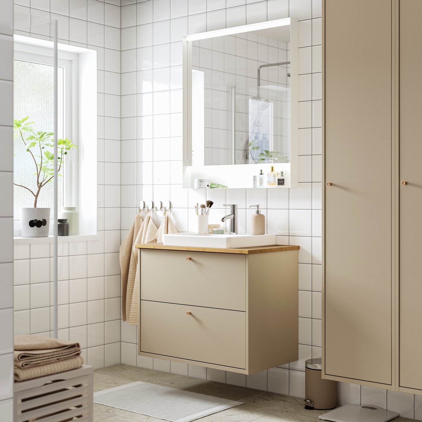 A beige/bamboo HAVBÄCK wash-stnd w drawers/wash-basin/tap