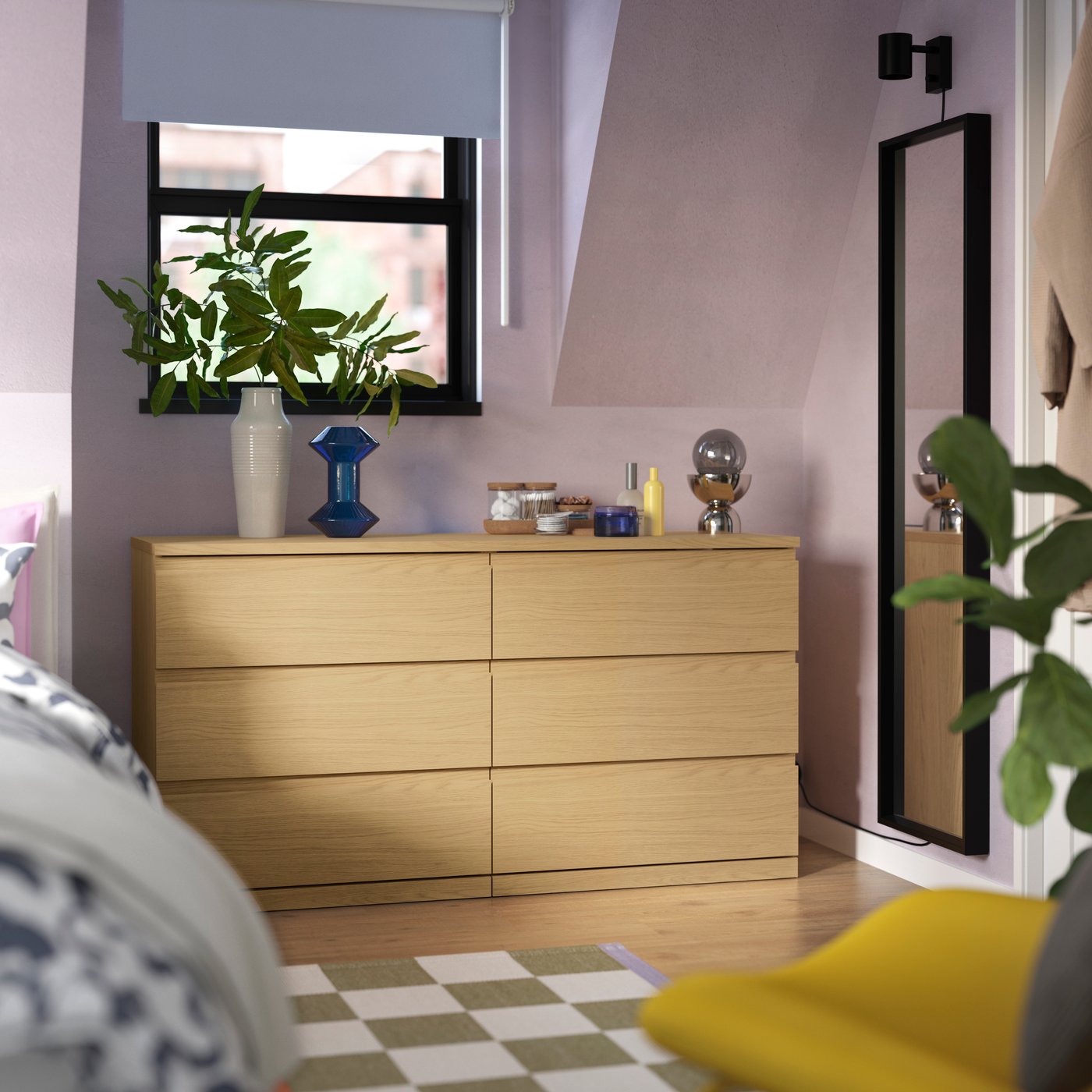 An oak effect/anchor/unlock-function STORKLINTA chest of 6 drawers in the bedroom