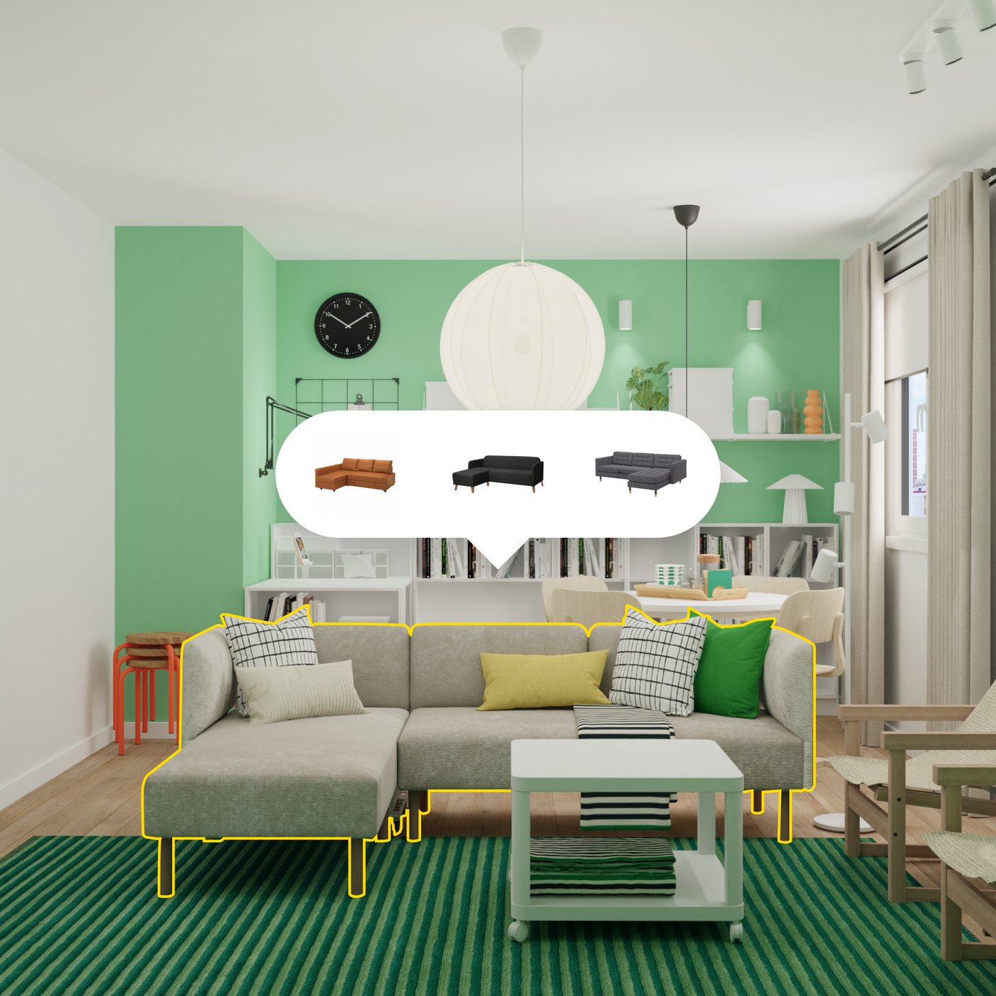 Vizuelno predstavi novu sofu u svojoj dnevnoj sobi pomoću alata IKEA Kreativ.