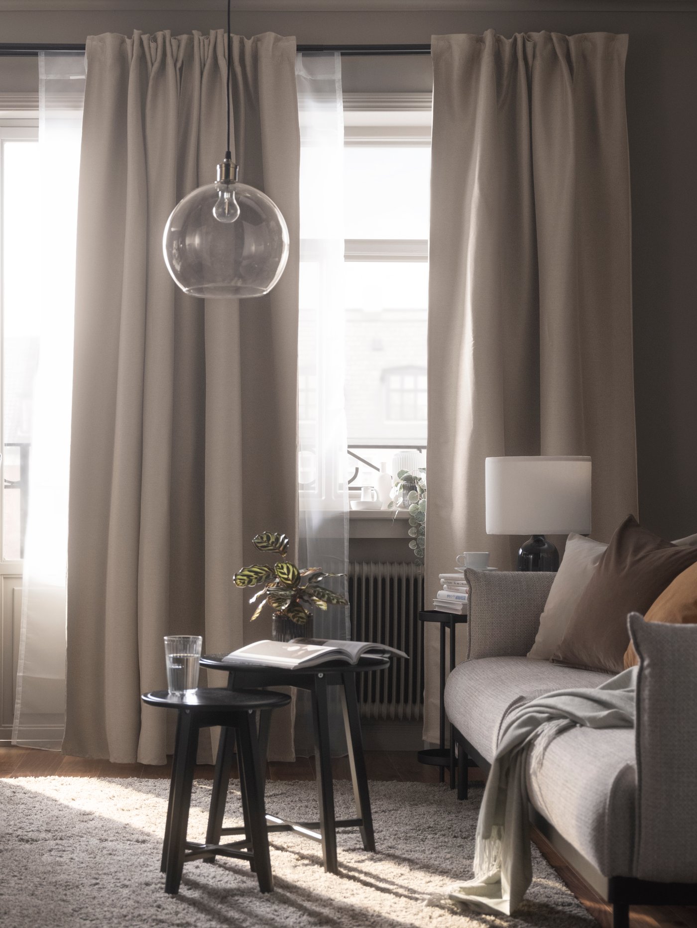 A beige/with heading tape VILBORG room darkening curtains, 1 pair