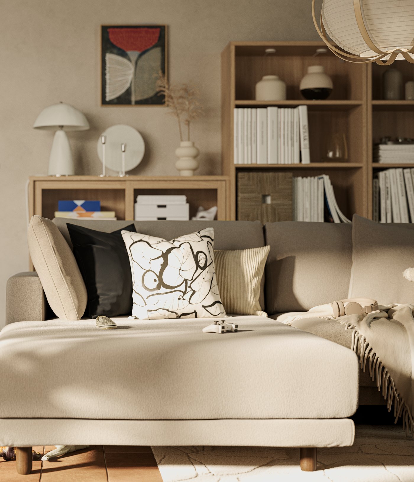 A brown-beige UPPÅKRA 3-seat modular sofa with chaise longue stands in front of some oak veneer TONSTAD storage furniture.