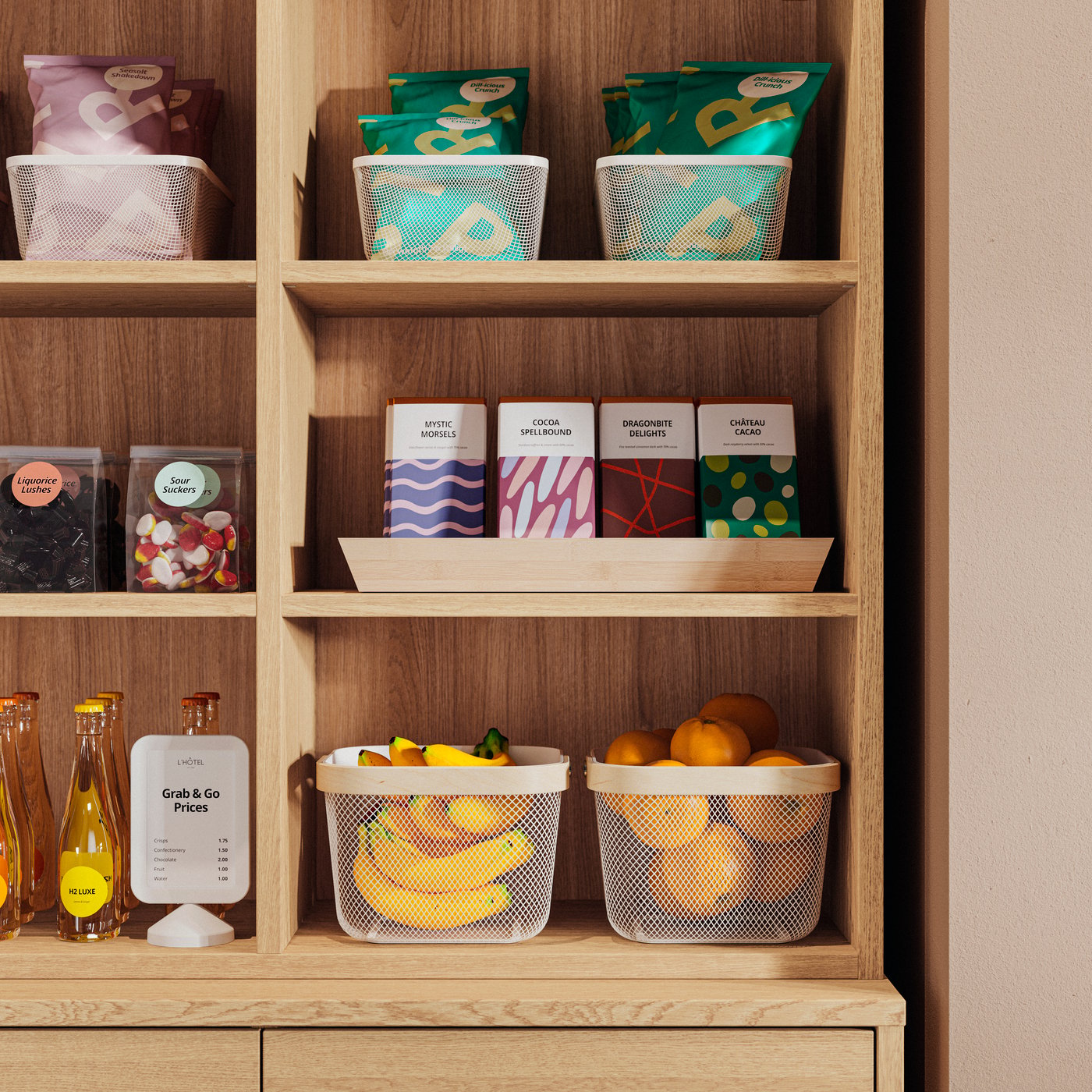 Close-up of a TONSTAD shelving with two white RISATORP baskets that holds fruit alongside more neatly arranged food items.