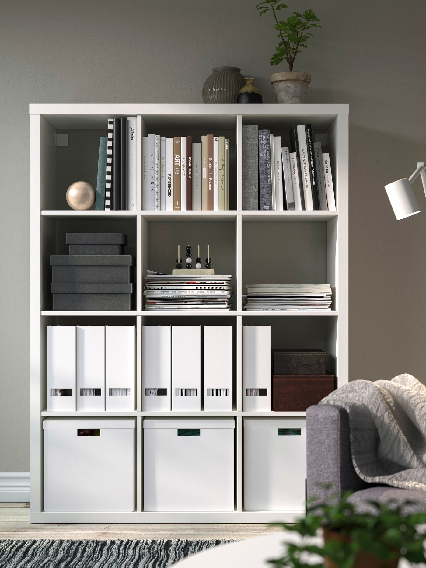 A white KALLAX shelving unit