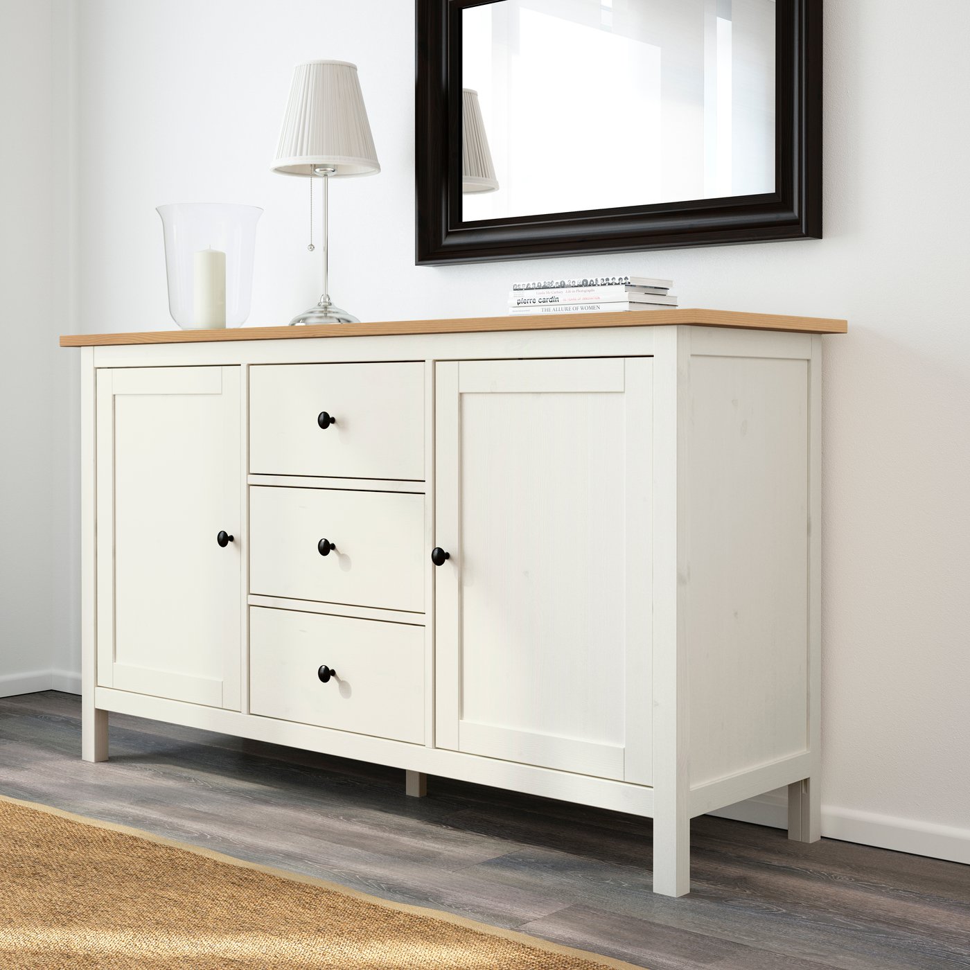 A white stain/light brown HEMNES sideboard in the dining room