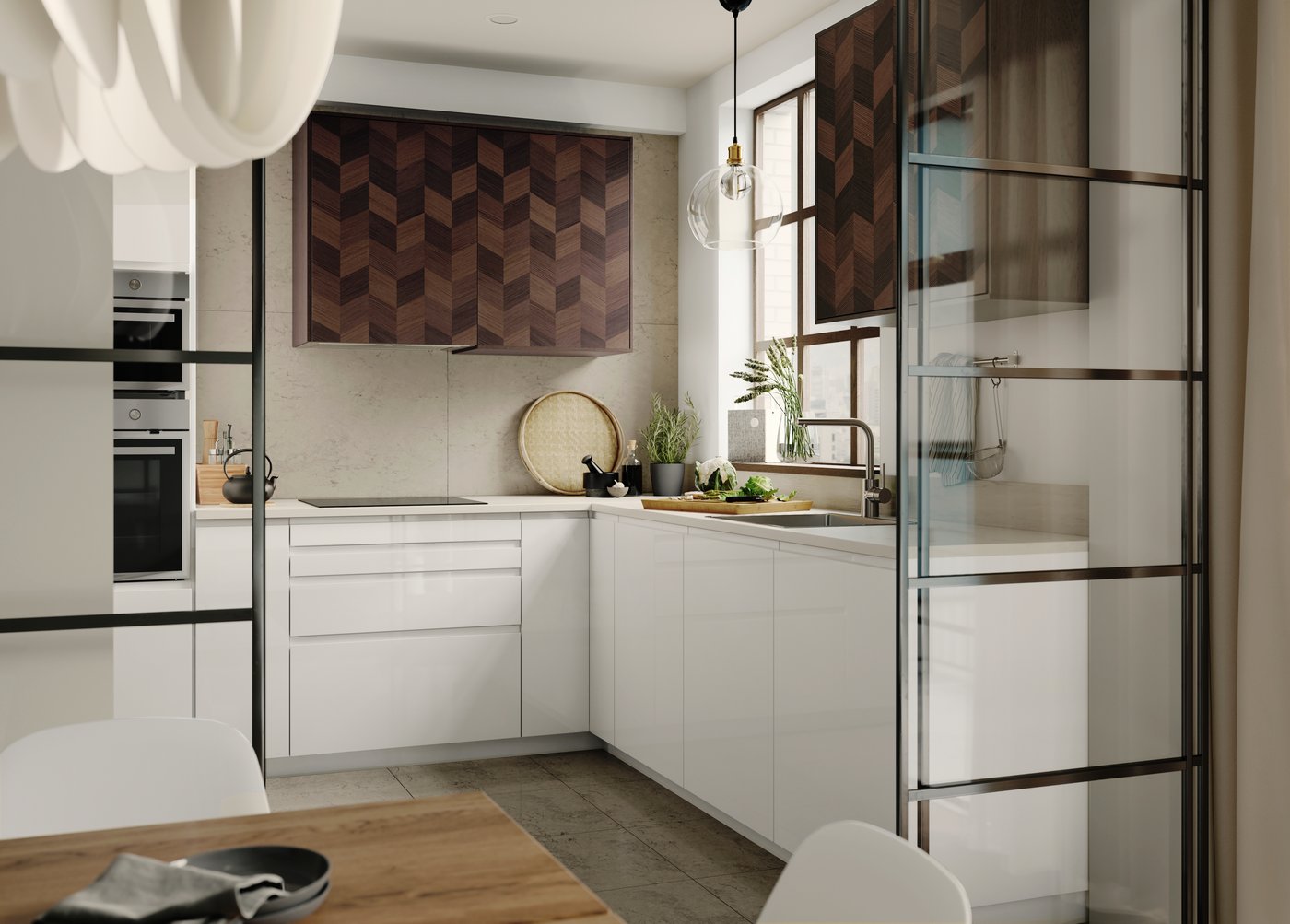 A high-gloss white VOXTORP door