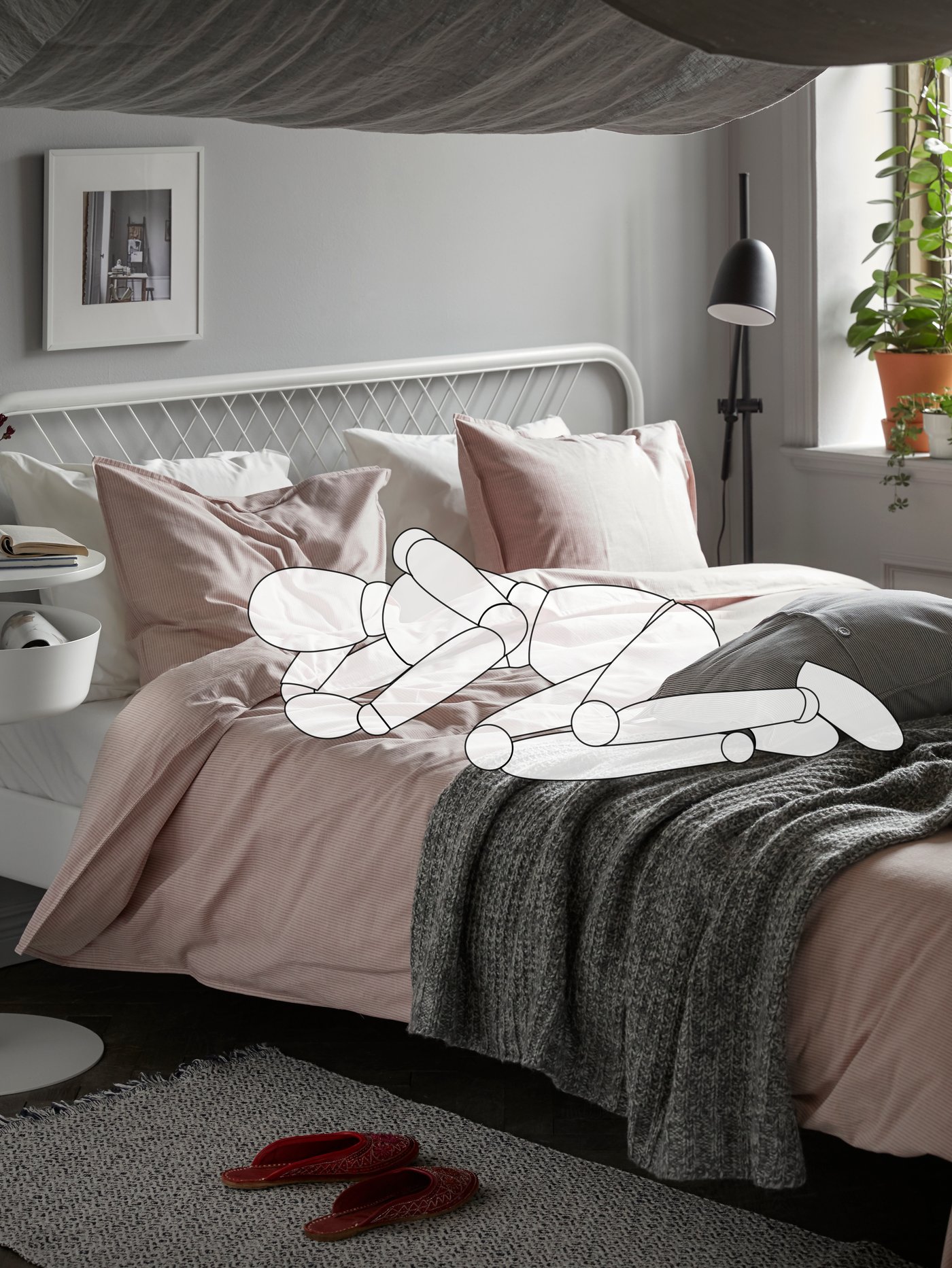Un dibujo de un muñeco que asimila el cuerpo humano acostado de lado sobre una cama IKEA.