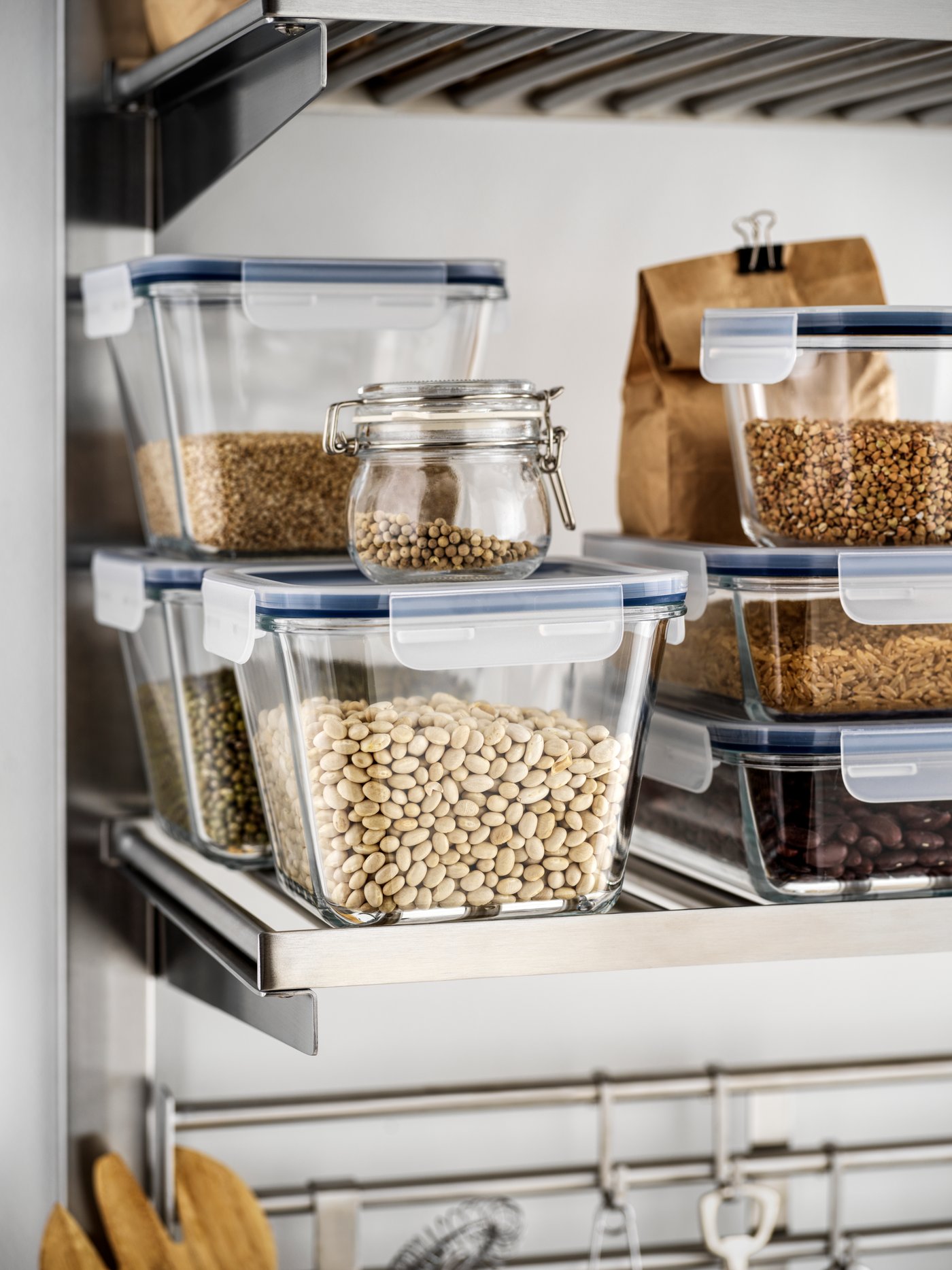 A square glass/plastic IKEA 365+ food container with lid in the kitchen