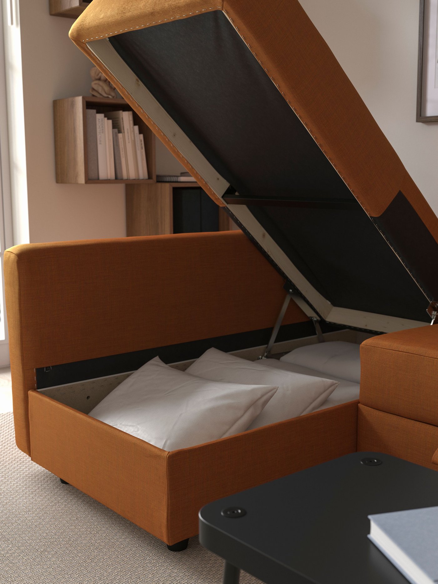 A Faringe brown-orange FRIHETEN backrest for corner sofa-bed in the living room