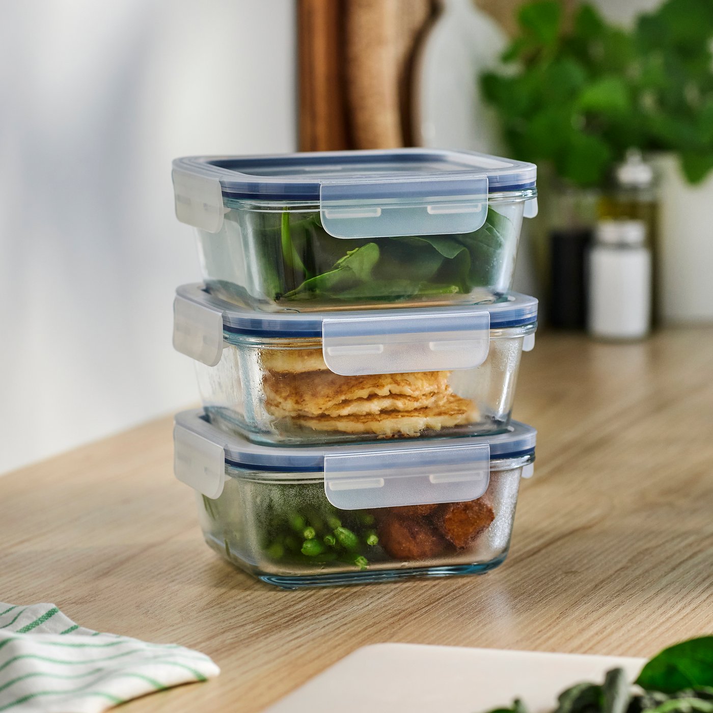 A square/glass IKEA 365+ food container with lid in the kitchen