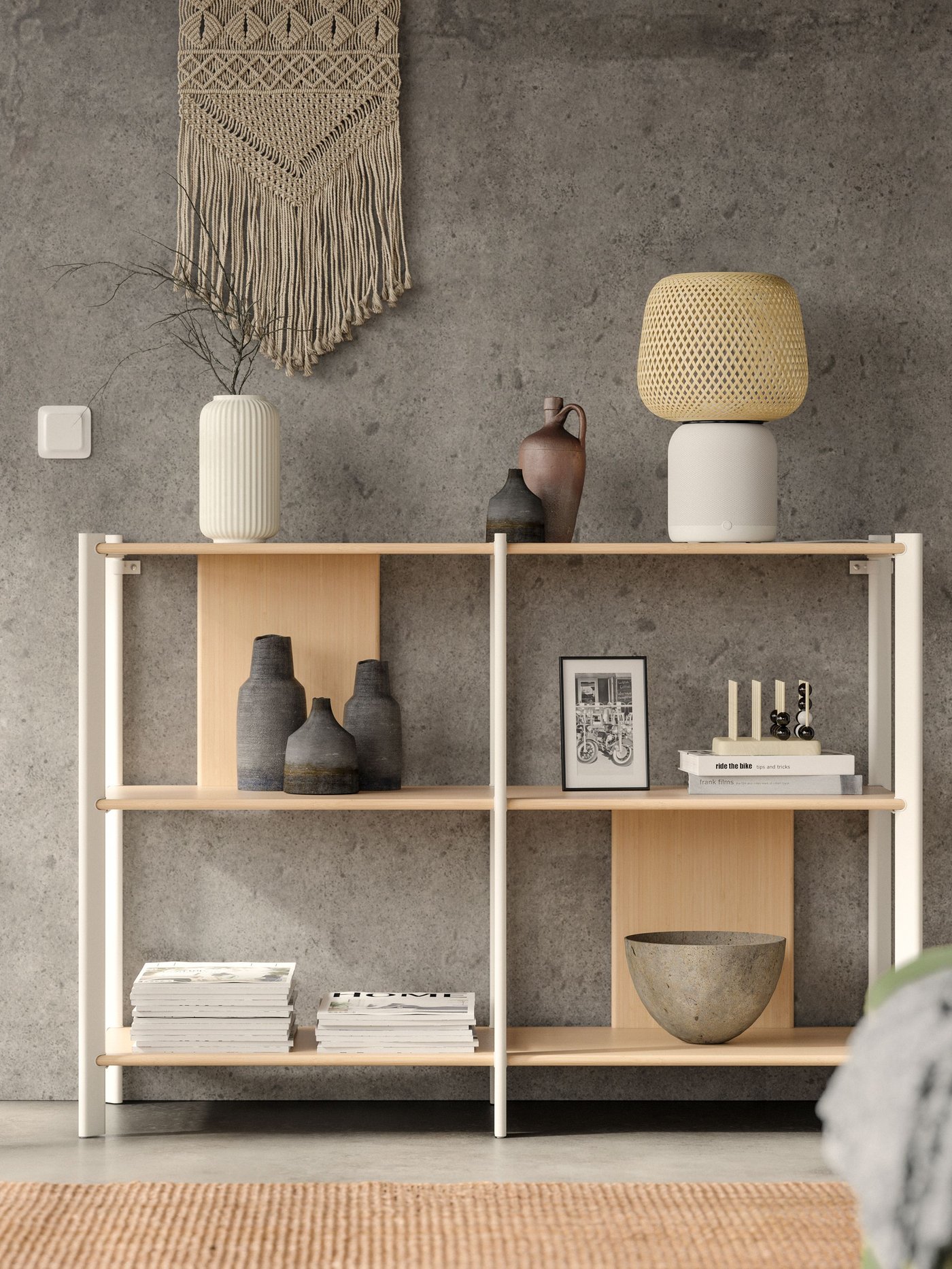 A white/light bamboo JÄTTESTA shelving unit