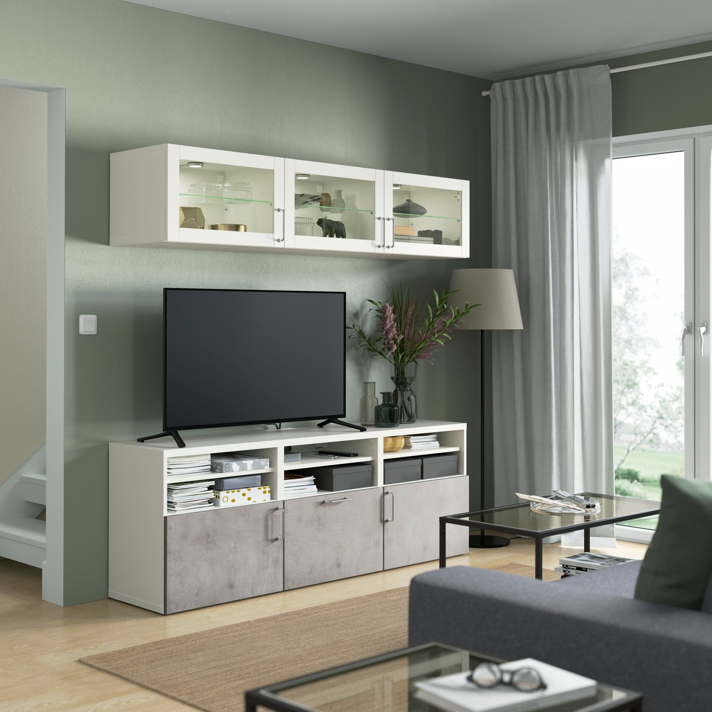 A white Sindvik/Kallviken light grey BESTÅ TV storage combination/glass doors
