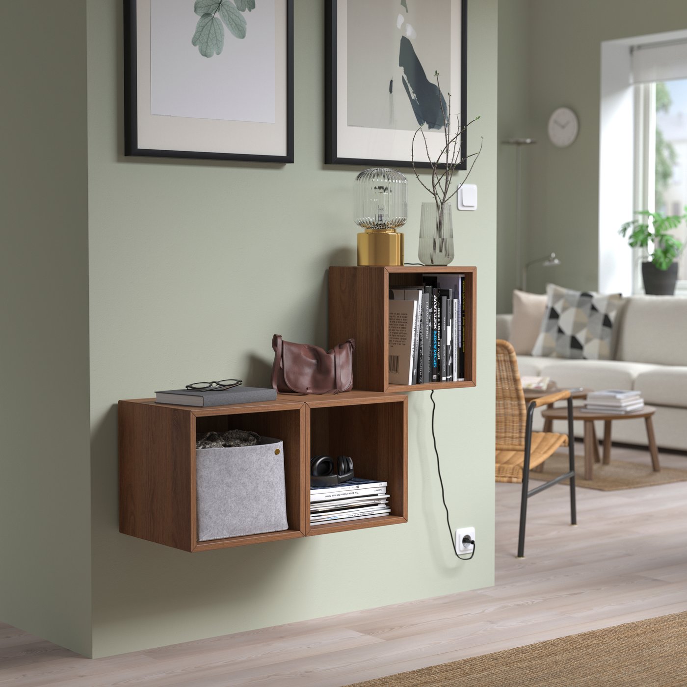 A walnut effect EKET wall-mounted cabinet combination
