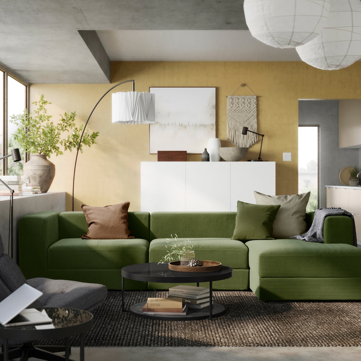 A right/Samsala dark yellow-green JÄTTEBO 4-seat mod sofa w chaise longue