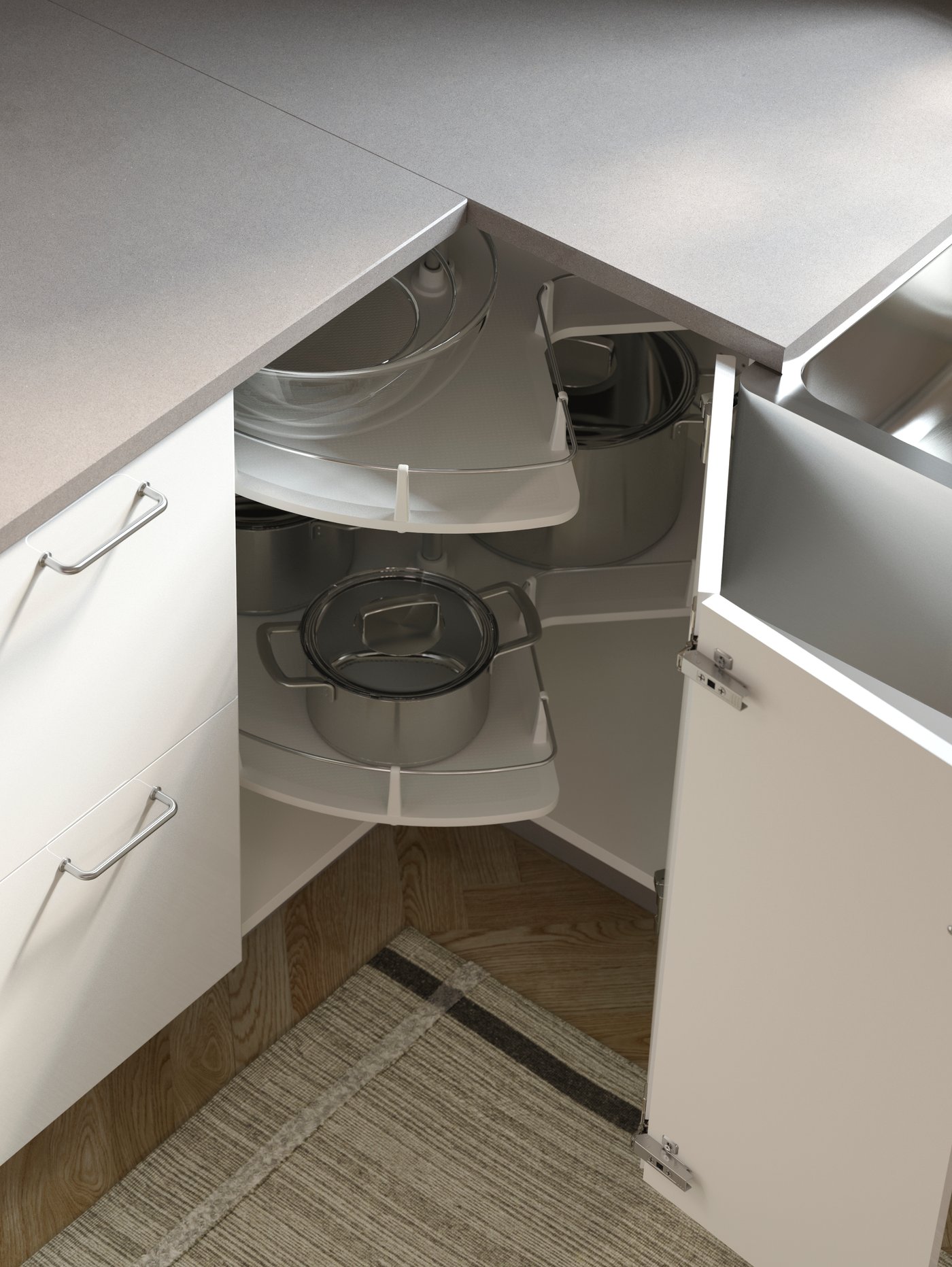 UTRUSTA Corner base cabinet carousel in corner unit kitchen cabinet.
