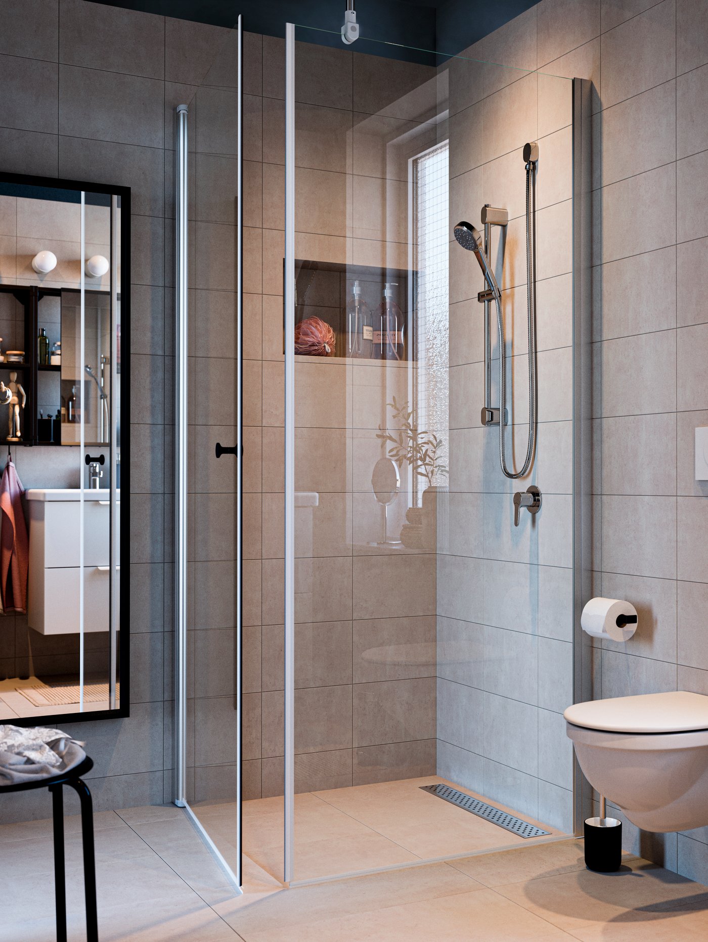 A bathroom with beige tiles