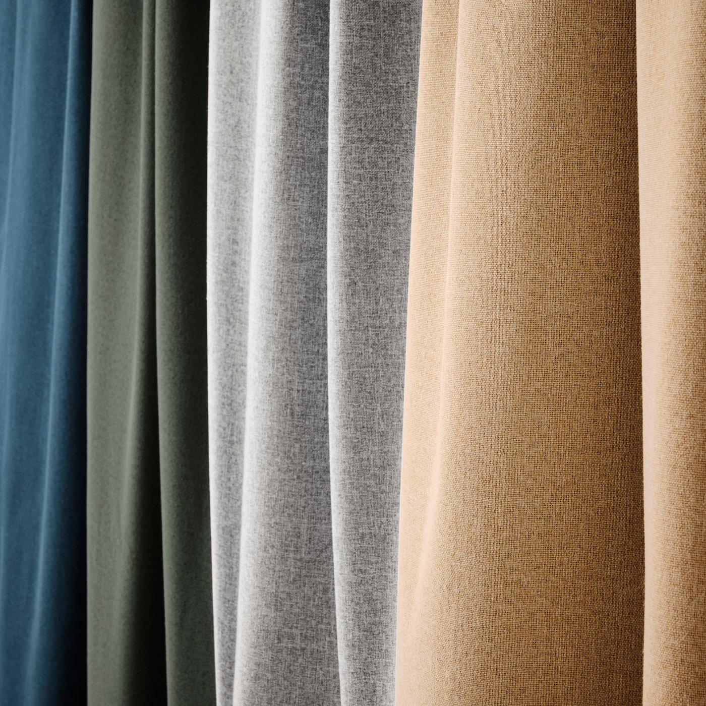 Close-up of ROSENMANDEL blackout curtains, each in a different colour: blue, green, grey and white.