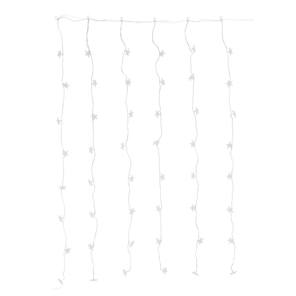 Veil of utdoor LED lighting chains star shaped on white background.