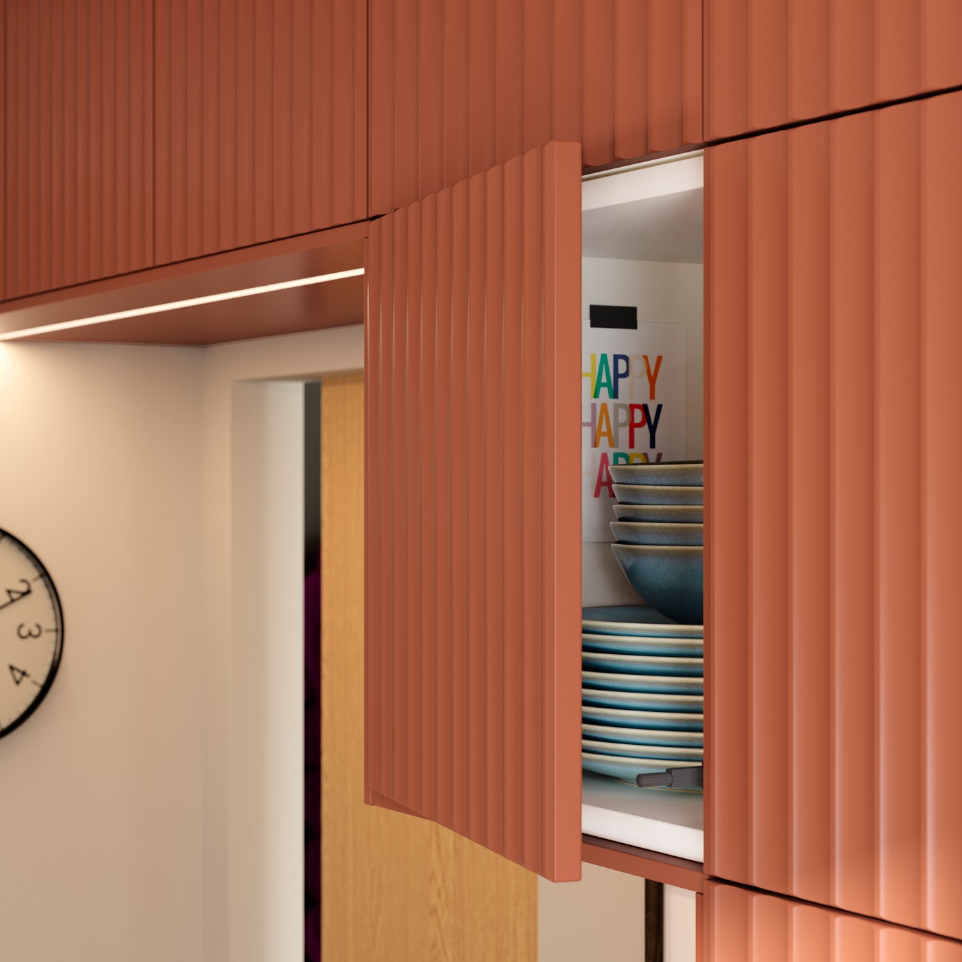 Kitchen cabinets have TERRSJÖ accent doors with a red-brown wave pattern and one door is open.