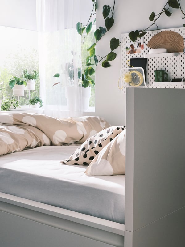 Katil MALM dilitupi dengan linen katil KLYNNETÅG di hadapan tingkap cerah dengan tumbuhan menjalar padanya, ke atas dinding.