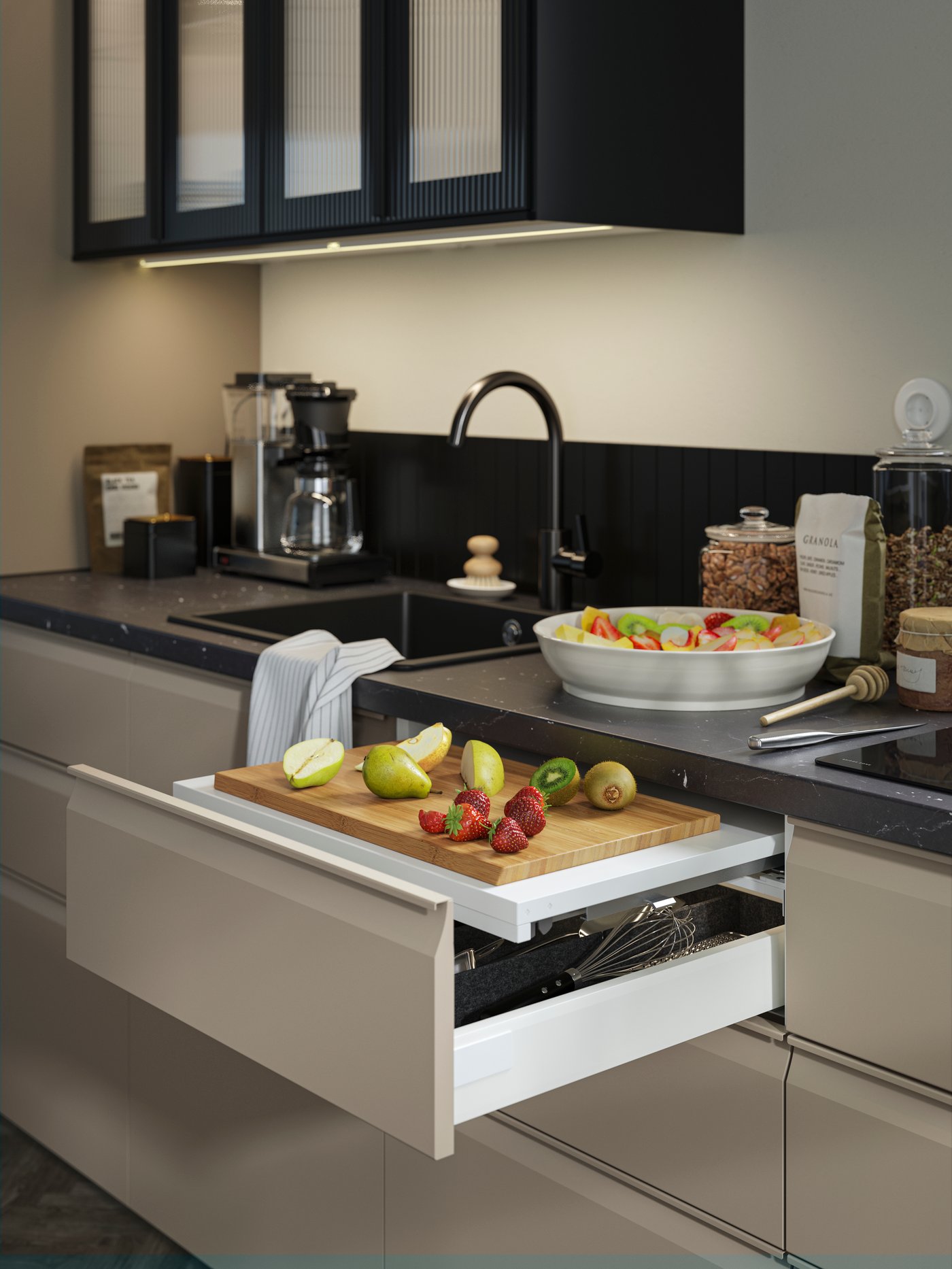 An UTRUSTA pull-out work surface in the kitchen