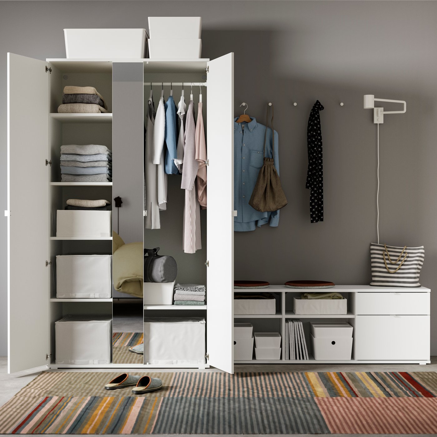 A white/mirror glass VIHALS wardrobe and bench combination