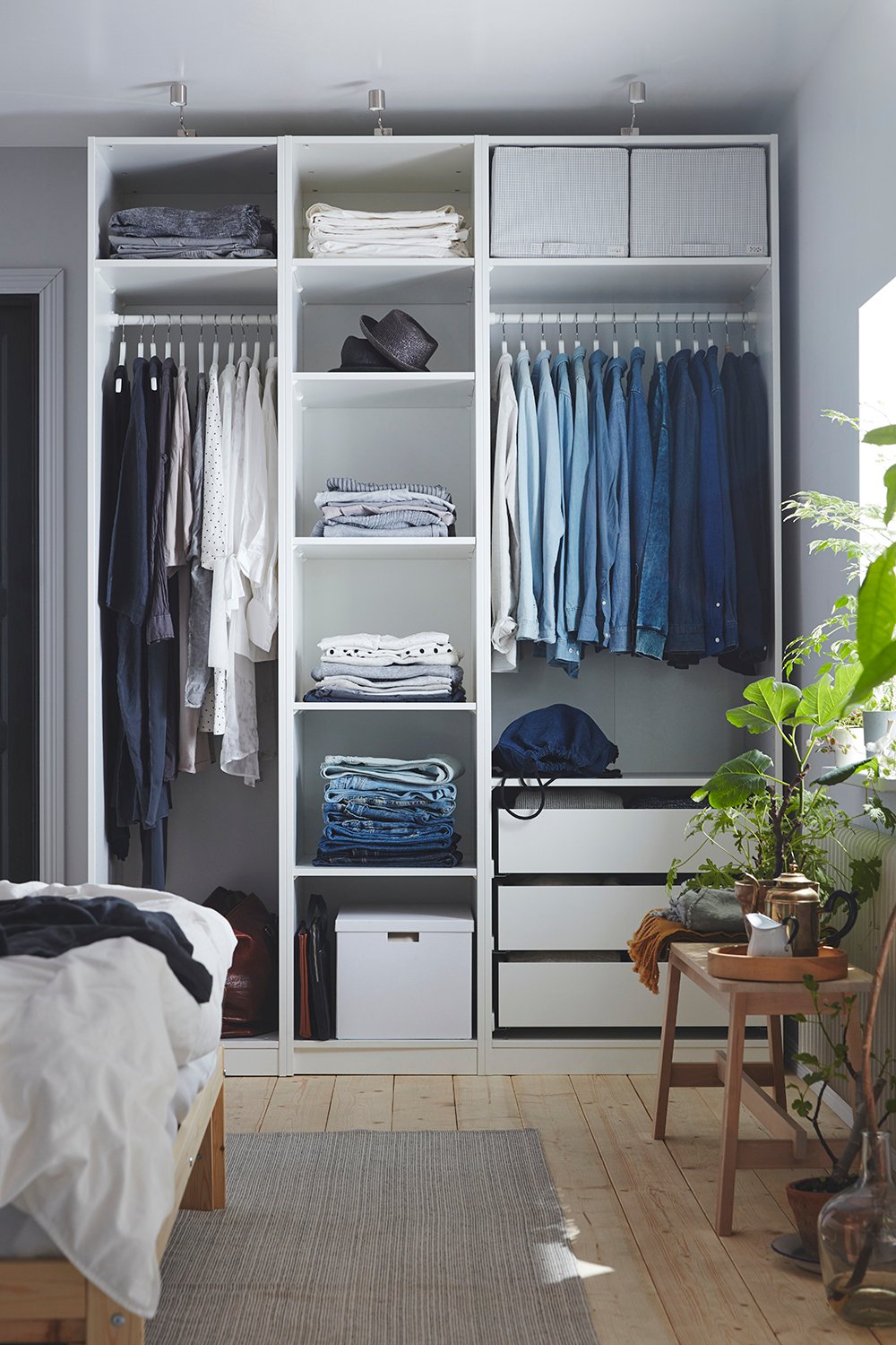 A white PAX wardrobe frame in the bedroom
