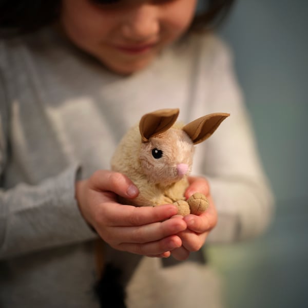 A long-eared jerboa/beige ALPTALL soft toy in the childrens room