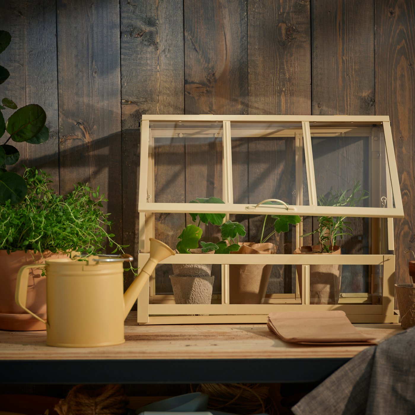An in/outdoor yellow ÅKERBÄR greenhouse