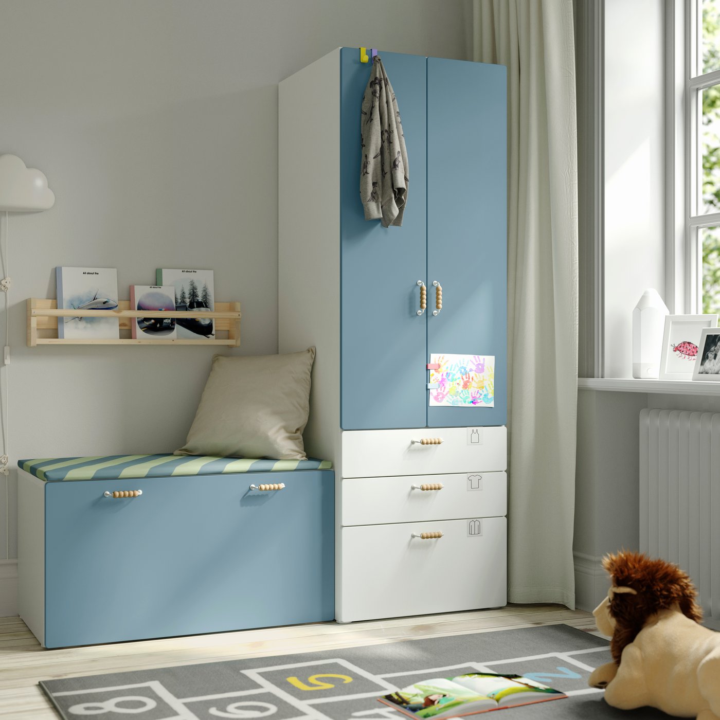 A white blue/with bench PLATSA storage combination in the childrens room