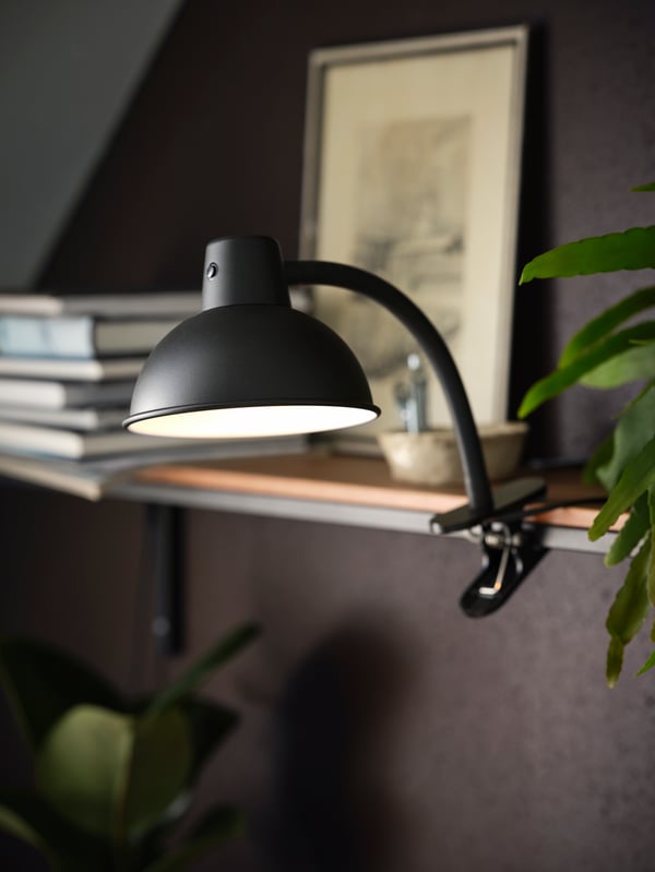 A black SKURUP clamp spotlight is clamped to a shelf which also holds books, a bowl and a framed picture.