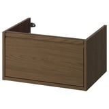 Brown oak wall-mounted bathroom storage with handles