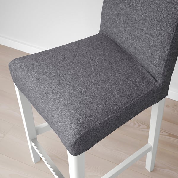 A modern bar stool with a padded grey seat and backrest on a white metal frame, highlighting comfort and sleek design.