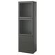 Tall black storage unit, vertical, three sections: striped glass doors top & middle, solid bottom with drawers, modern design.