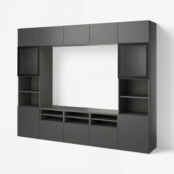 BESTÅ TV storage combination/glass doors, dark grey Lappviken/Fällsvik anthracite, 300x42x231 cm
