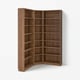 BILLY: brown wooden corner bookcase with multiple shelves, simple & classic design.
