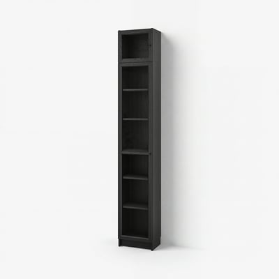 Tall black BILLY bookcase against white wall, sleek design, six empty shelves.