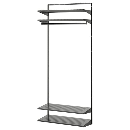 BOAXEL grey metal wall storage: three shelves, hanging rod, modern design.