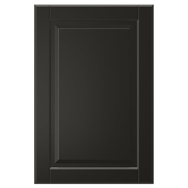 A single black BODBYN cabinet door with a classic bevelled panel design, smooth lacquered finish.
