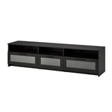 BRIMNES tv stand: black with glass drawers for storage, rectangular shape, sleek design.