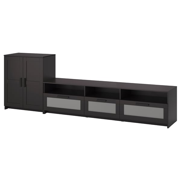 Black tv stand & storage cabinet combo, sleek design, ample space, glass doors.