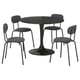 Black round table and grey chairs, modern design with metal frames.